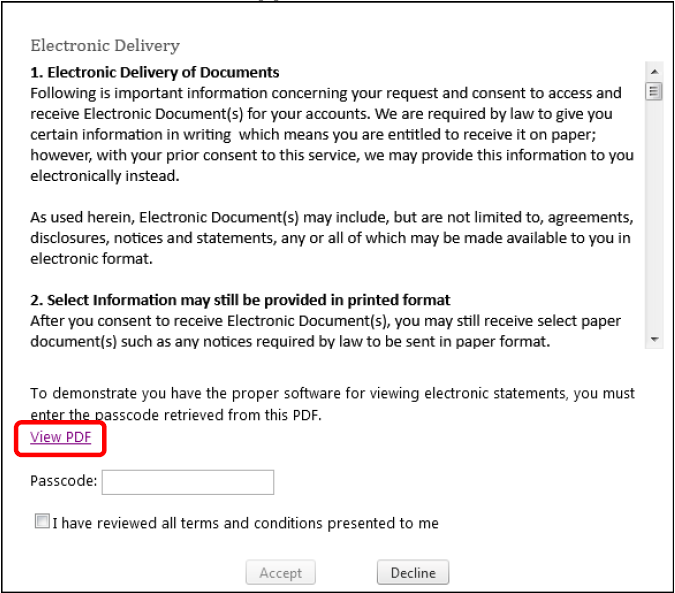 Terms and conditions with View PDF highlighted
